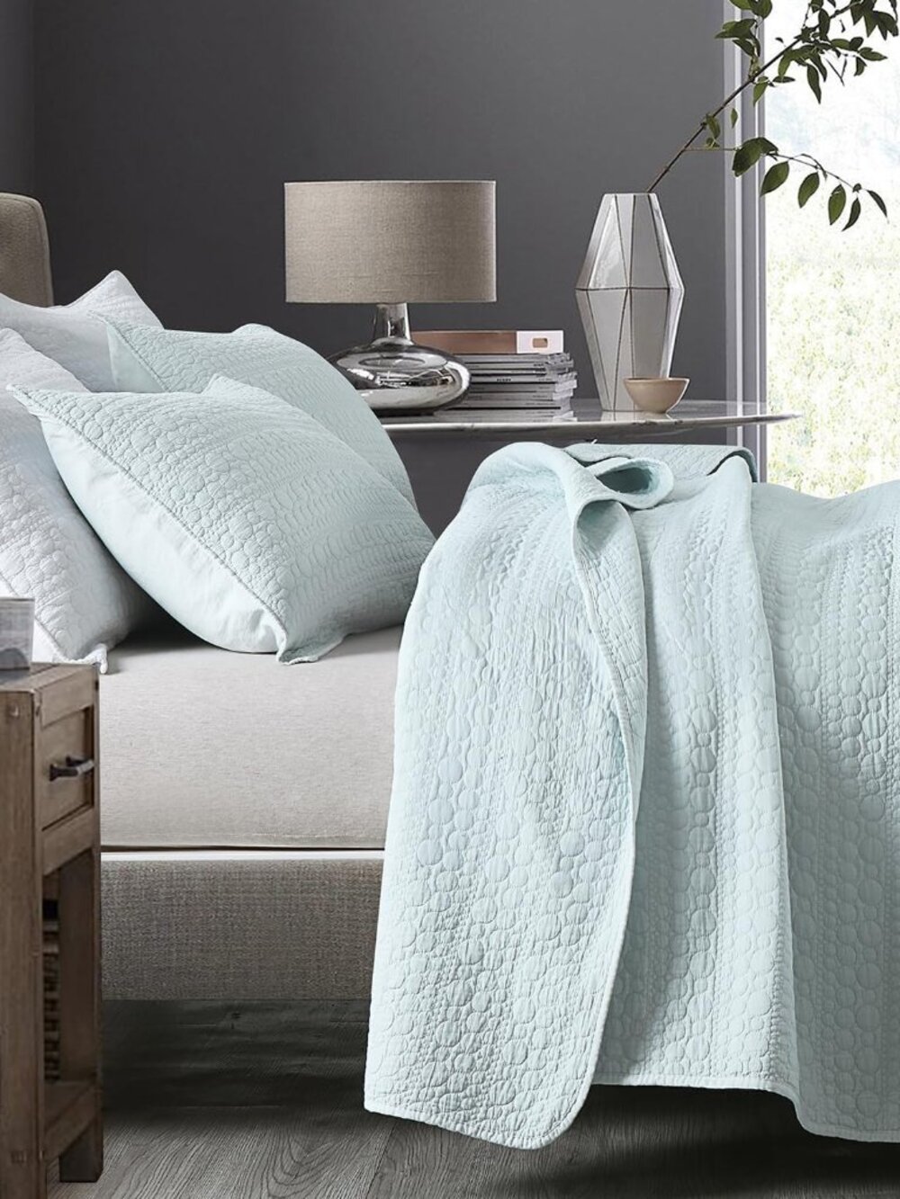 Quilt Set Queen Size Aqua Blue, Classic Geometric Spots Stitched Pattern, Pre-Wa